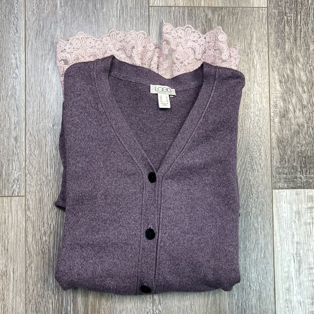 LOGO Lori Goldstein Button Front Lace Trim Hi-Low Knit
Cardigan Sweater - Picture 3 of 11